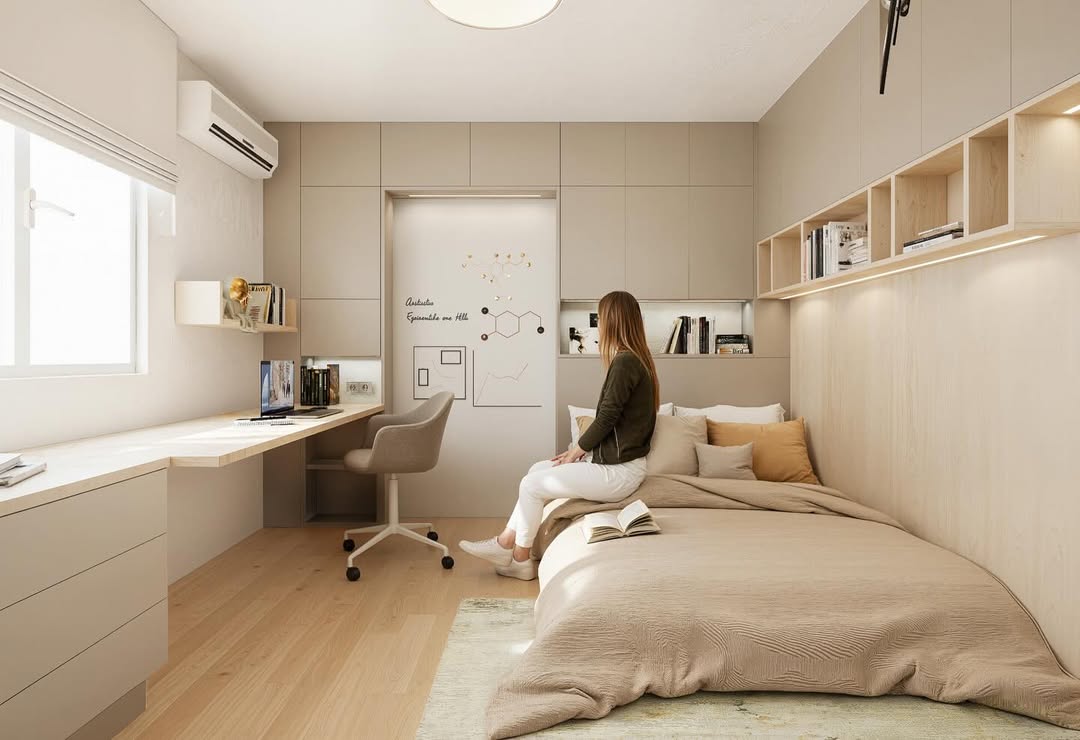 Render de recámara con zona de estudio